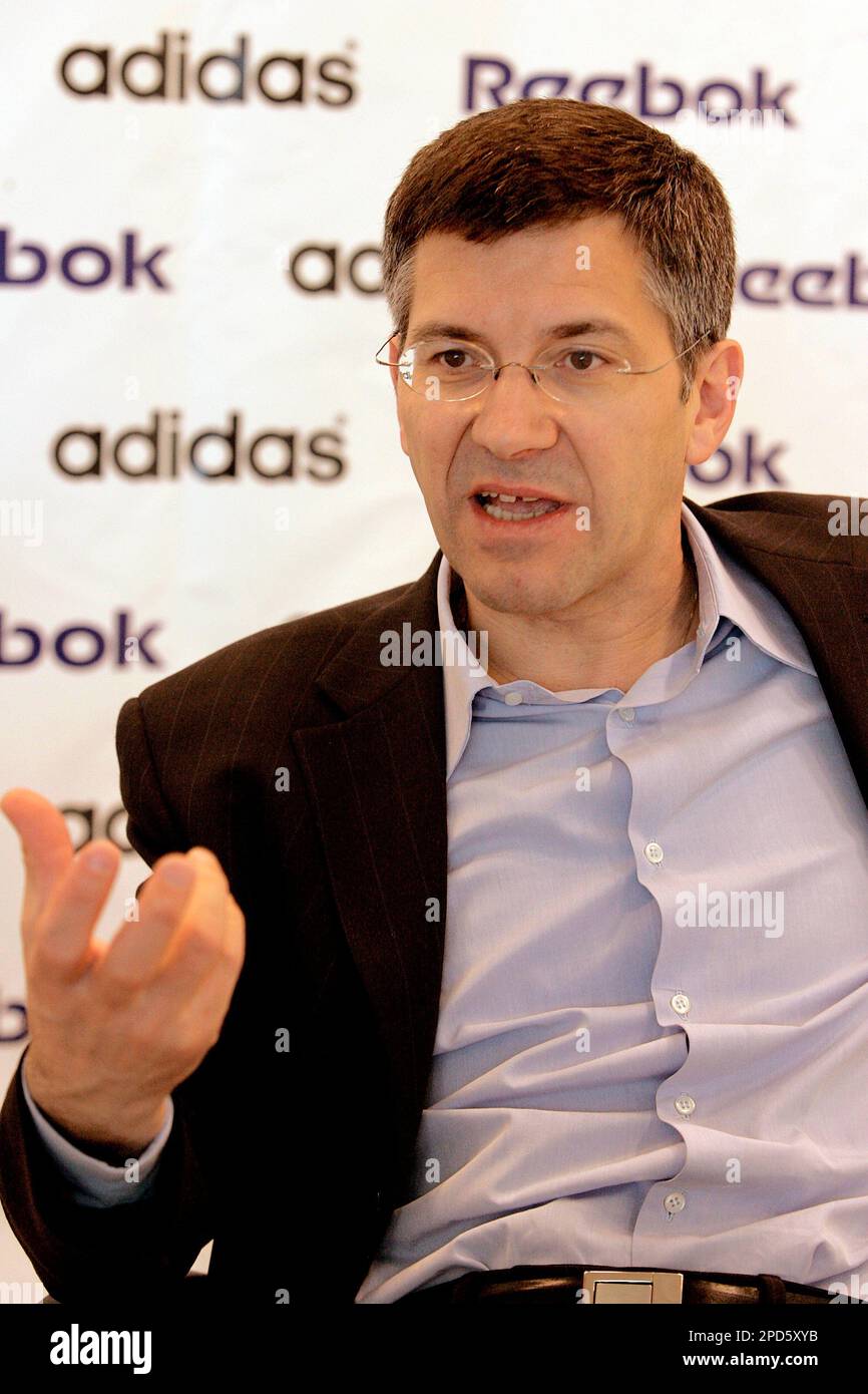 Adidas-Salomon AG CEO Herbert Hainer talks about his company's acquisition  of Reebok and both brand's market strategy at the Reebok world-wide  headquarters in Canton, Mass., Friday morning April 21, 2006. (AP  Photo/Stephan