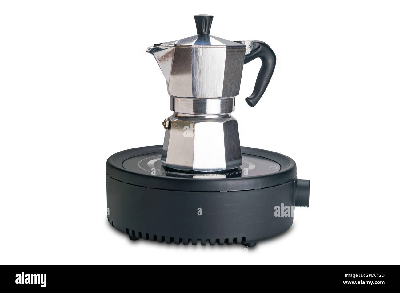Side view of italian moka pot coffee maker heating on electric strove