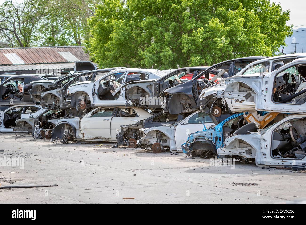 Car part salvage yard with rows of stacked wrecked cars Stock Photo Alamy