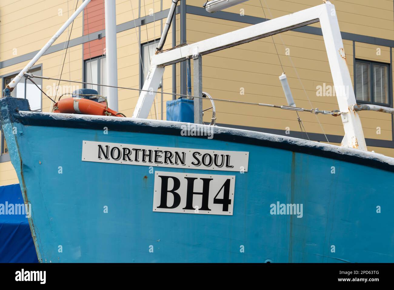 The boat, Northern Soul, on land by the marina in the town of Amble, Northumberland, UK. Stock Photo