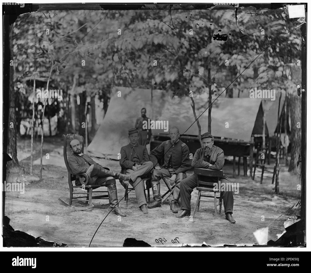 Petersburg, Virginia. Officers of 1st Massachusetts Cavalry at Army of the Potomac headquarters: unknown, Captain Edward A. Flint, Captain Charles Francis Adams, Jr., Lieutenant George H. Teague. Civil war photographs, 1861-1865 . United States, History, Civil War, 1861-1865. Stock Photo