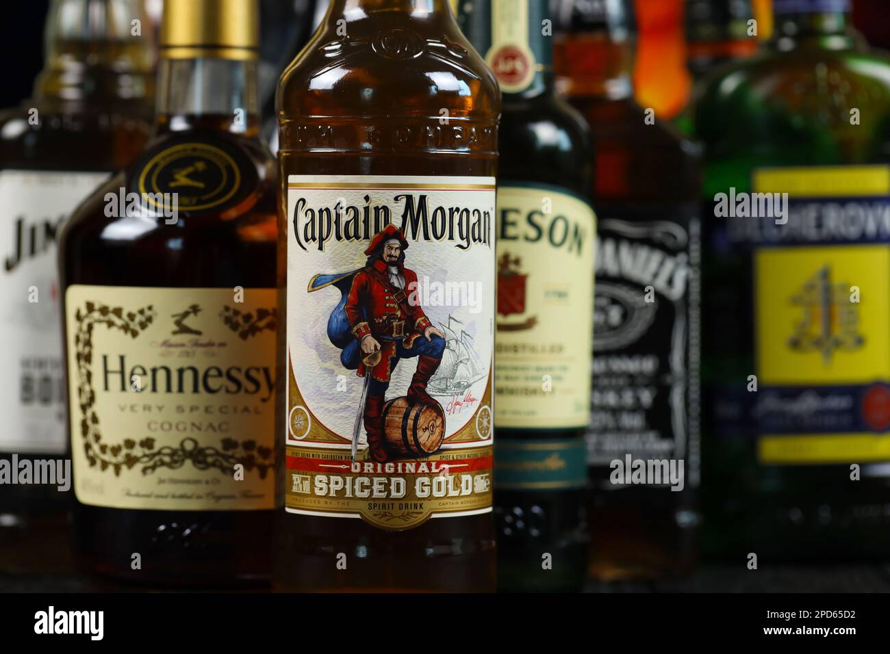 KYIV, UKRAINE MAY 4, 2022 Many new bottles of worldwide popular