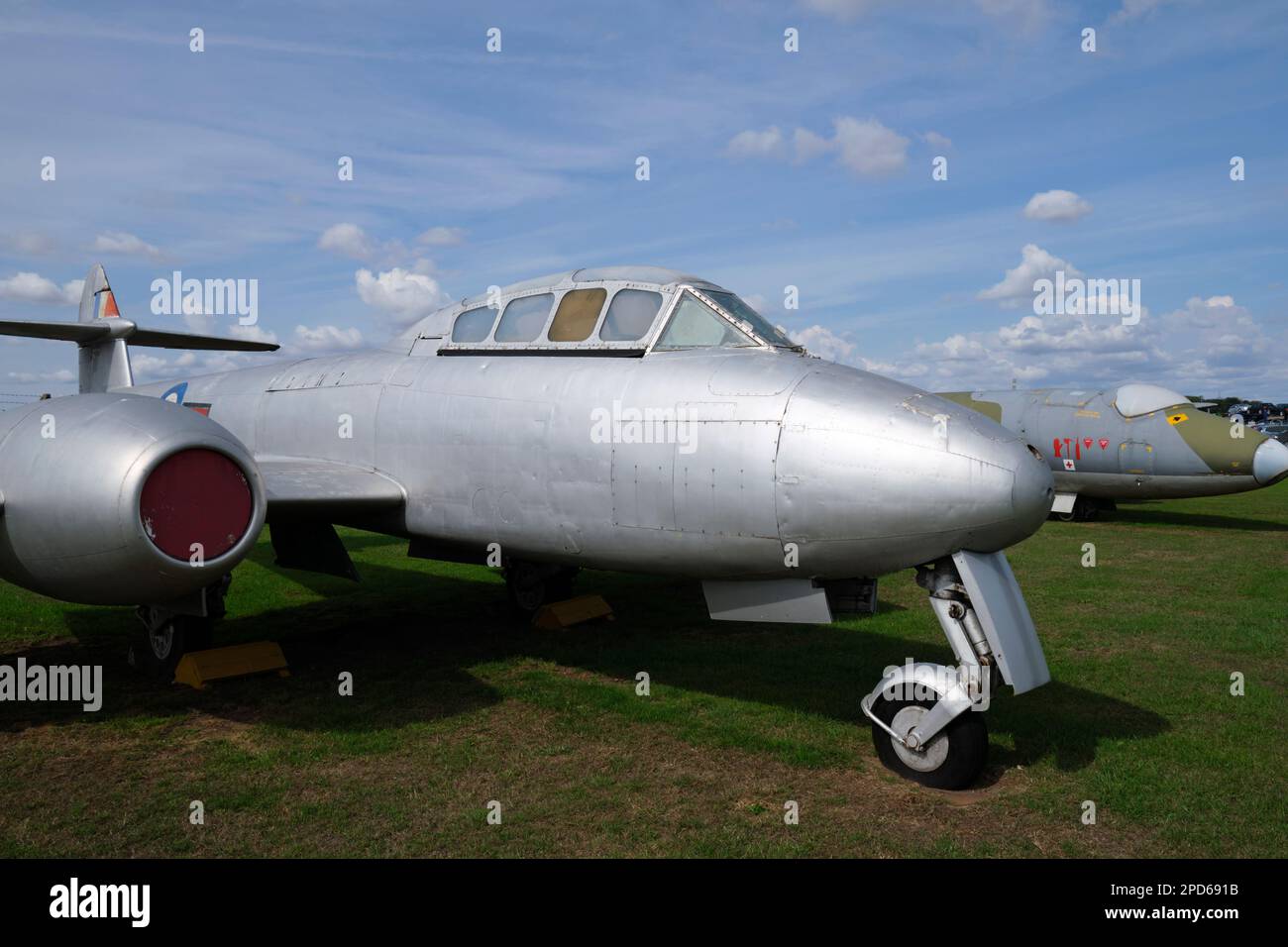 A two-seat Gloster Meteor T7 trainer aircraft on display at the Newark Air Museum, Nottinghamshire, England. Stock Photo