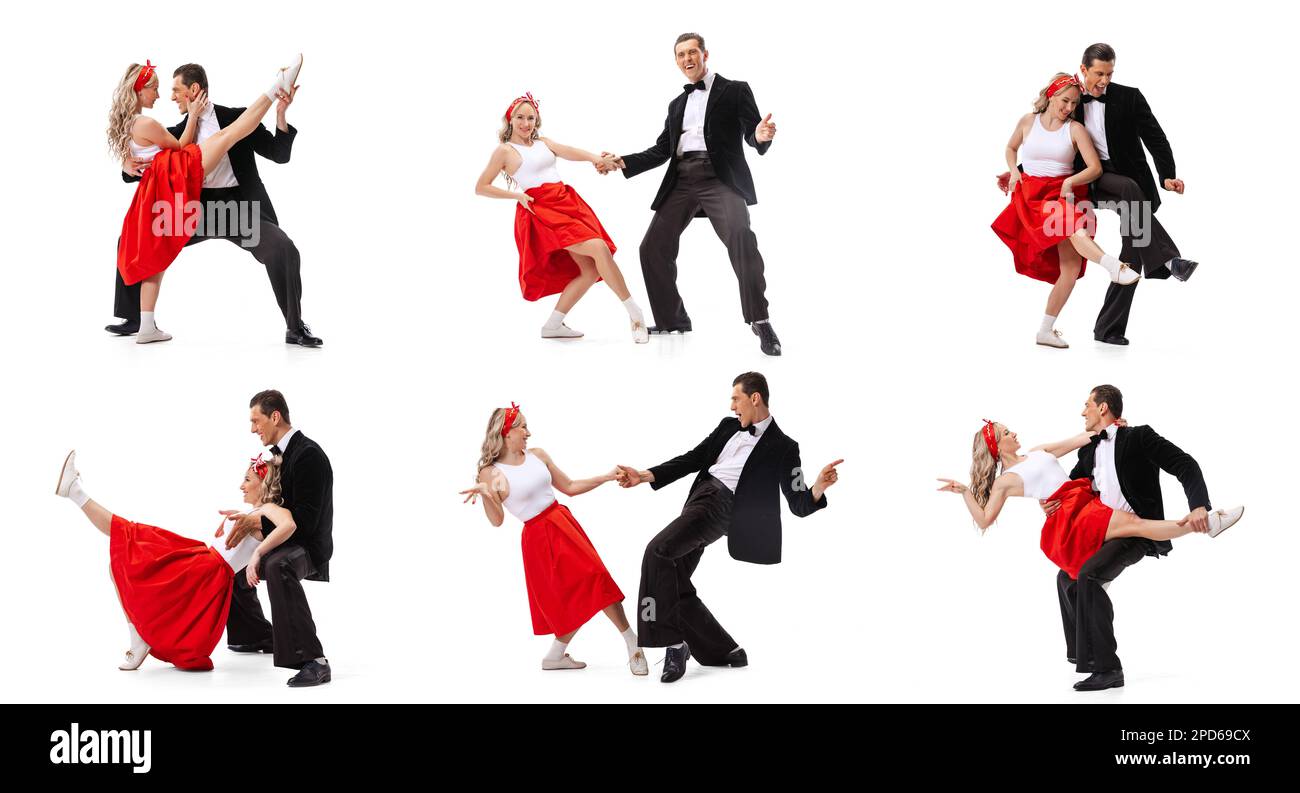 Collage. Expressive couple, man and woman, dancers in vintage retro