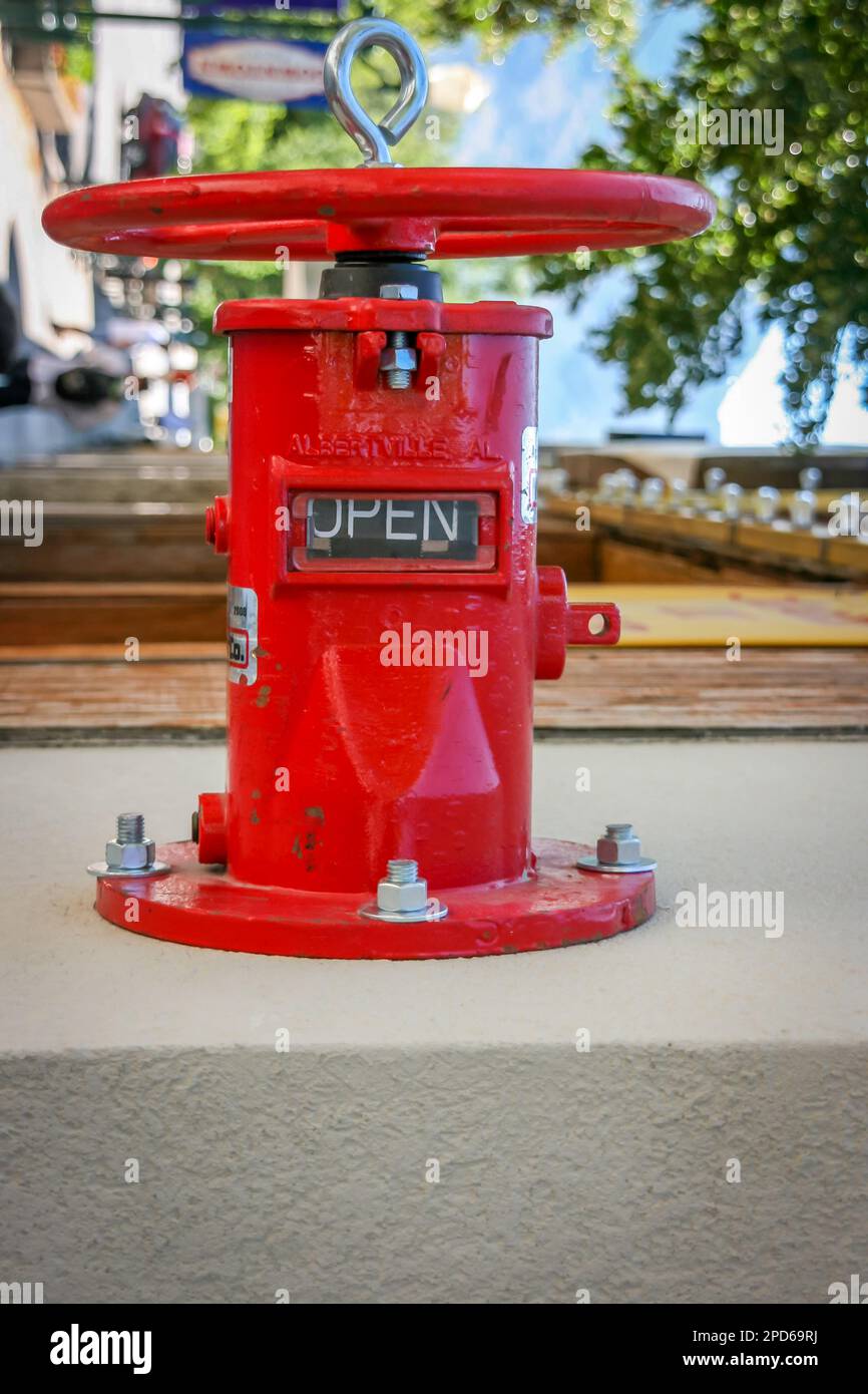 Emergency fire sprinkler water shut off valve on side of building Stock