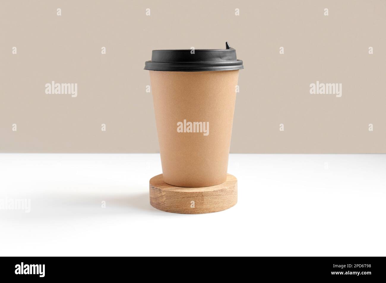 Front view of a Brown coffee paper cup. Mockup with lid. Set of craft ...