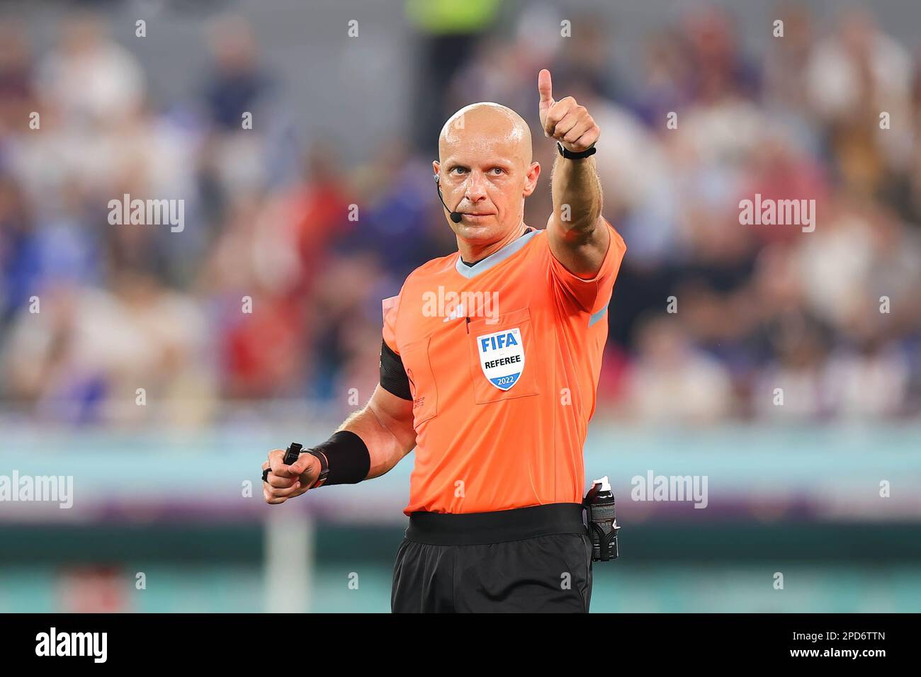 Referee Szymon Marciniak gestures during the FIFA World Cup Qatar 2022 Match between France and Denmark at Stadium 974. Final score: France 2:1 Denmark. Stock Photo