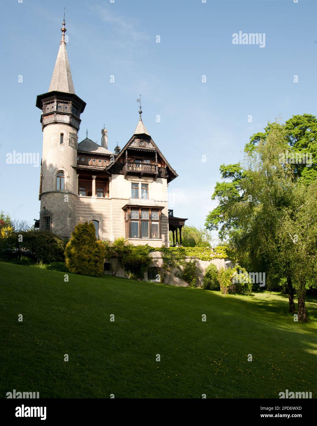 view of historistic Villa Paulick from the garden where Gustav Klimt stayed, Seewalchen a. Attersee, Austria Stock Photo