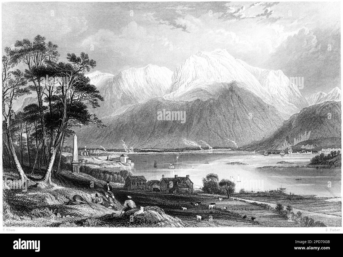 An engraving of Ben Nevis and the Entrance to the Caledonian Canal, Invernesshire, Scotland UK scanned at high resolution from a book printed in 1840. Stock Photo