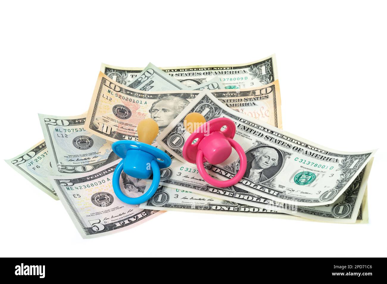 The ever increasing cost of infant childcare with USA currency  and baby pacifiers - white background. Stock Photo