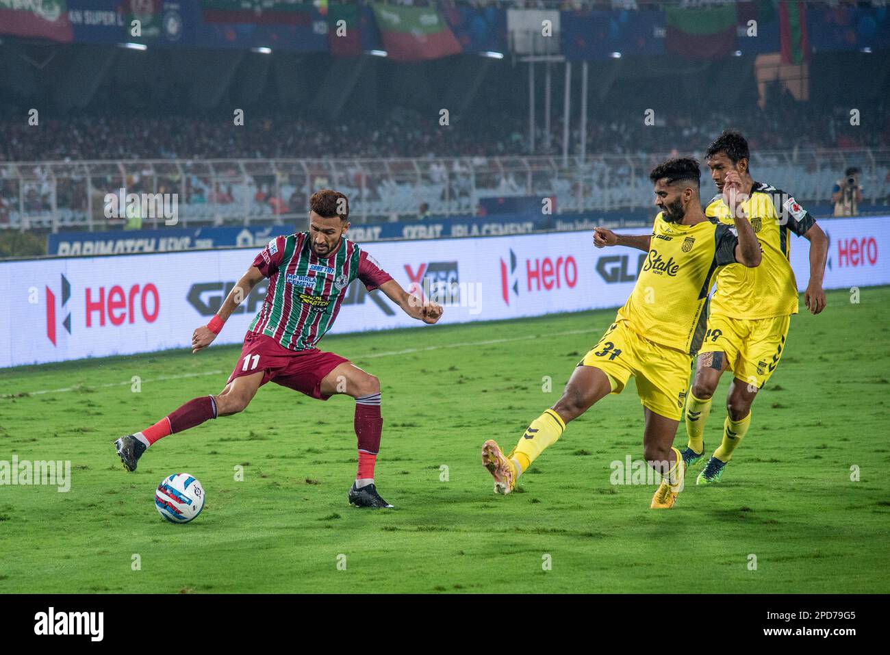 Kolkata, India. 13th Mar, 2023. ATKMB beats Hyderabad FC on a penalty shoot-out (4-3 result) in Hero Indian Super League 2022-23 (2nd leg semifinal) at VYBK Stadium, Kolkata on 13th March 2023. Both ATK Mohun Bagan and Hyderabad FC fail to find the desired goal in regulation time. ATKMB will meet Bengaluru FC in this year's ISL (Indian Super League) Final at Fatorda Stadium, Goa on 18th March 2023. (Photo by Amlan Biswas/Pacific Press/Sipa USA) Credit: Sipa USA/Alamy Live News Stock Photo