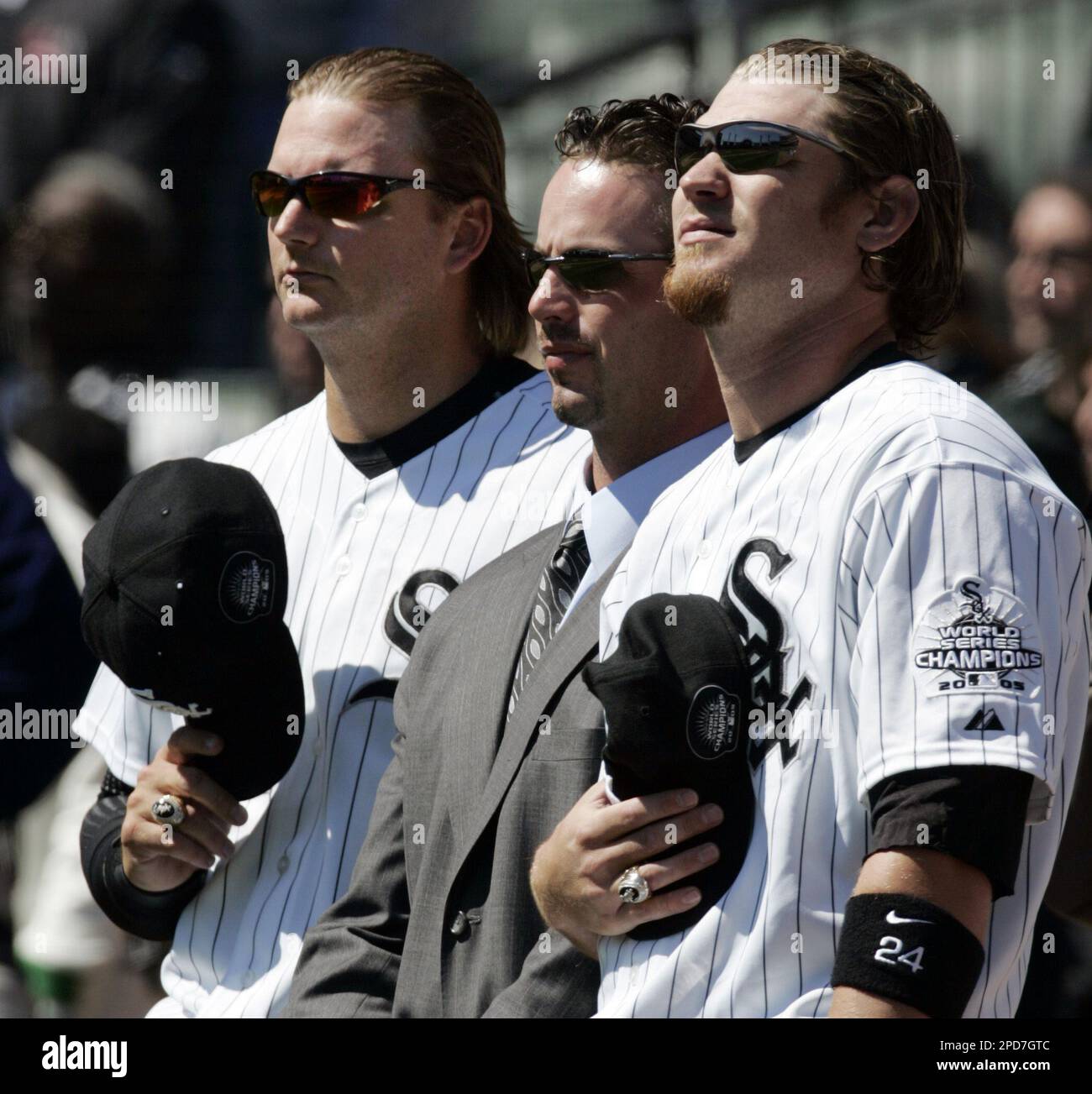Sporting their World Series rings, Chicago White Sox catcher A.J.