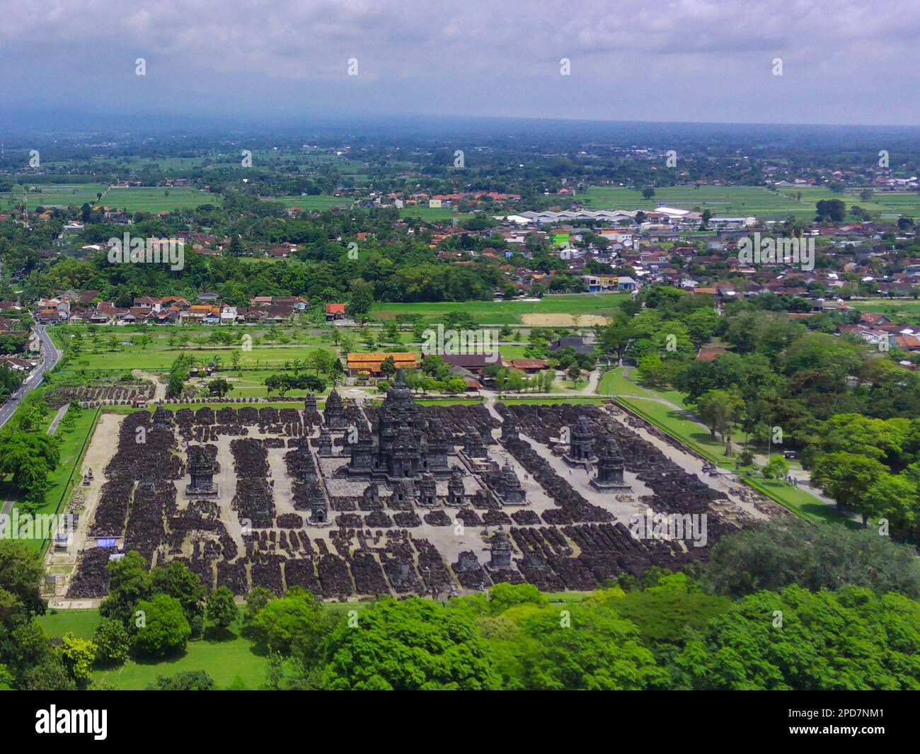January 15, 2023, Central Java. Indonesia. Aerial Shot of Candi Prambanan or Prambanan Temple. Stock Photo