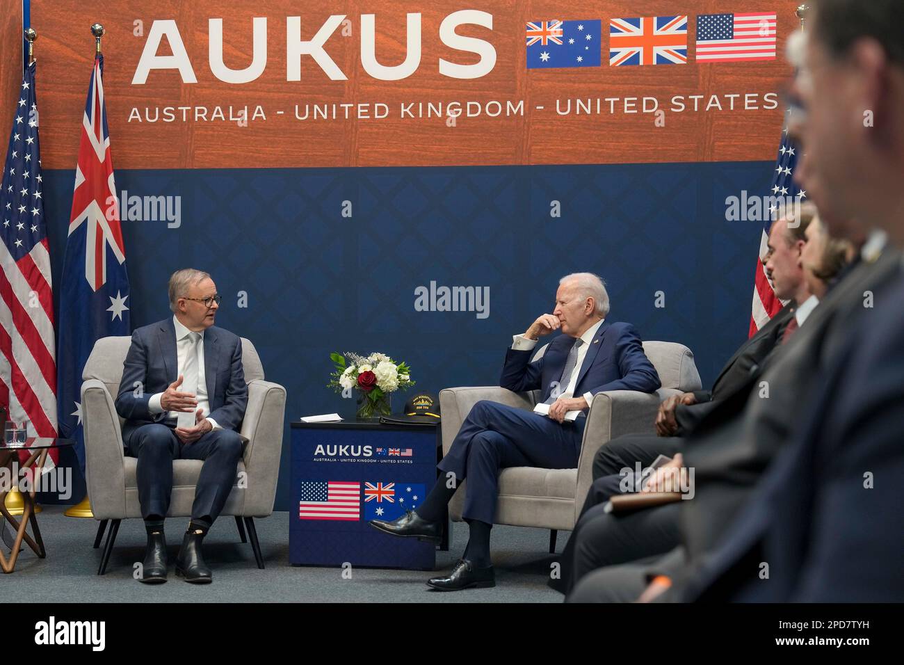 San Diego, United States of America. 13 March, 2023. U.S President Joe Biden, right, listens to Australian Prime Minister Anthony Albanese, left, during a bilateral meeting at Point Loma naval base March 13, 2023 in San Diego, California. Australia agreed under the AUKUS security pact to purchase American nuclear-powered submarines. Credit: Adam Schultz/White House Photo/Alamy Live News Stock Photo