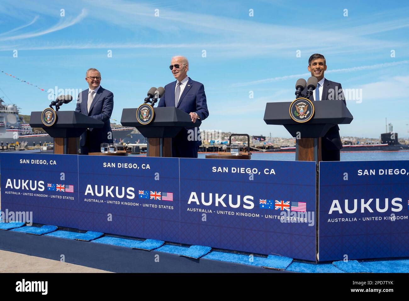 San Diego, United States of America. 13 March, 2023. U.S President Joe Biden, center, responds to a question during a press conference with Australian Prime Minister Anthony Albanese, left, and British Prime Minister Rishi Sunak following at Point Loma naval base, March 13, 2023 in San Diego, California. The three leaders of the AUKUS security pact agreed on expanding their nuclear-powered submarine fleet. Credit: Adam Schultz/White House Photo/Alamy Live News Stock Photo