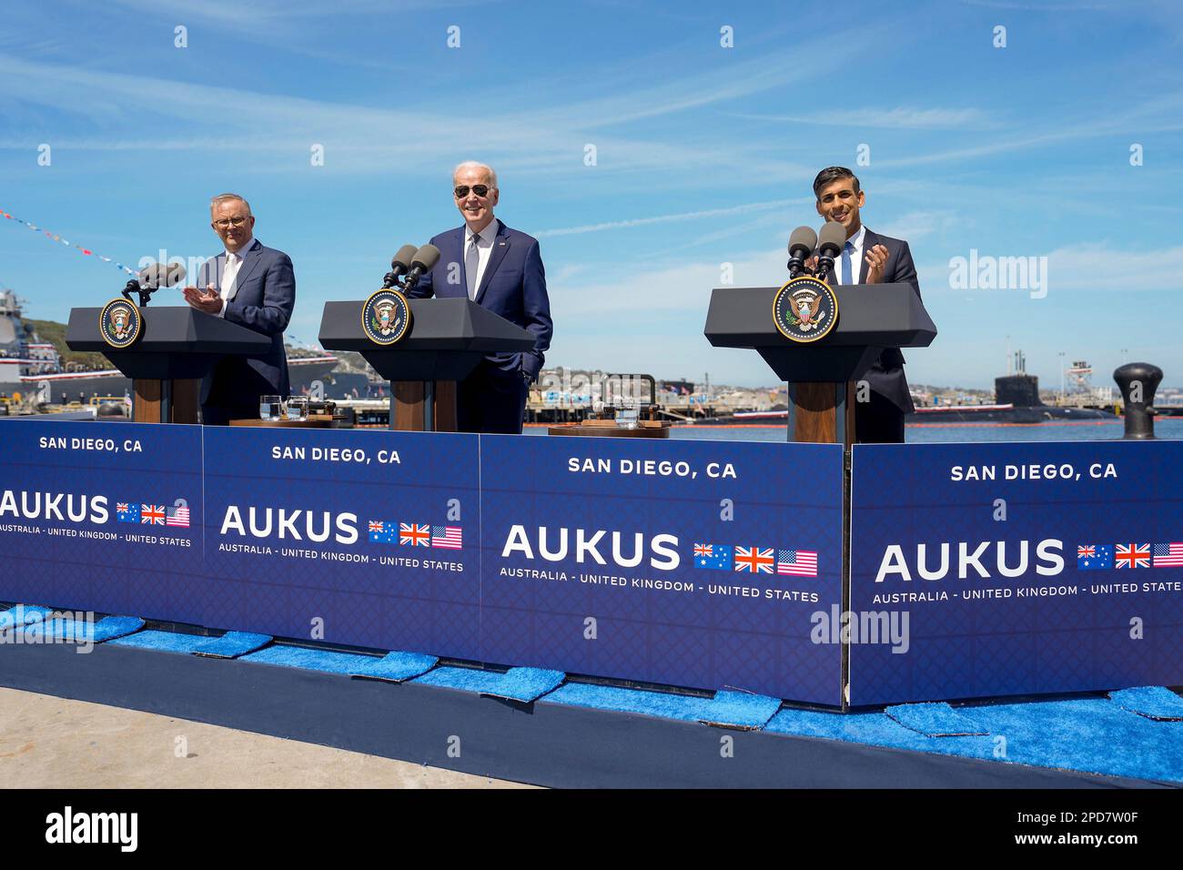 San Diego, United States of America. 13 March, 2023. U.S President Joe Biden, center, responds to a question during a press conference with Australian Prime Minister Anthony Albanese, left, and British Prime Minister Rishi Sunak following at Point Loma naval base, March 13, 2023 in San Diego, California. The three leaders of the AUKUS security pact agreed on expanding their nuclear-powered submarine fleet. Credit: Adam Schultz/White House Photo/Alamy Live News Stock Photo