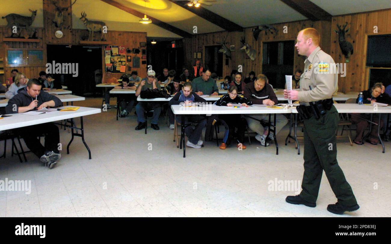 ADVANCE FOR MONDAY, APRIL 3 ** Jeff Barnes, recreational safety officer for  the Iowa Department of Natural Resources, teaches a hunter education class  at the Izaak Walton League Clubhouse, Thursday, March