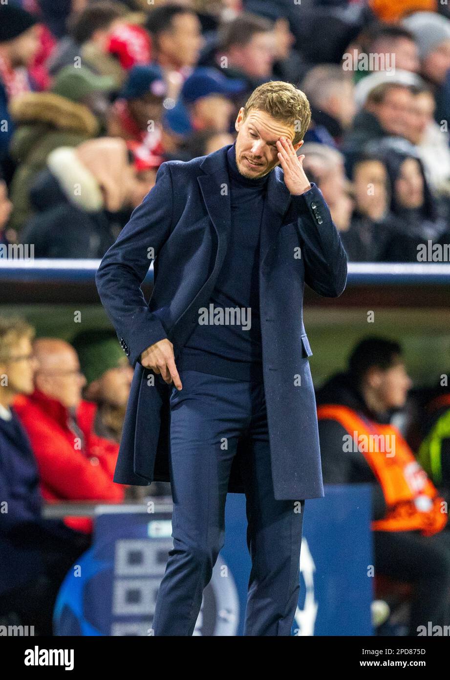 disappointment . Bayern coach Julian NAGELSMANN. Soccer, Bayern - Paris. Soccer Champions League, FC Bayern Munich - Paris Saint Germain 2:0, round of 16, second leg, season 2022-2023, on March 8th in Munich, ALLIANZARENA, Germany. Stock Photo