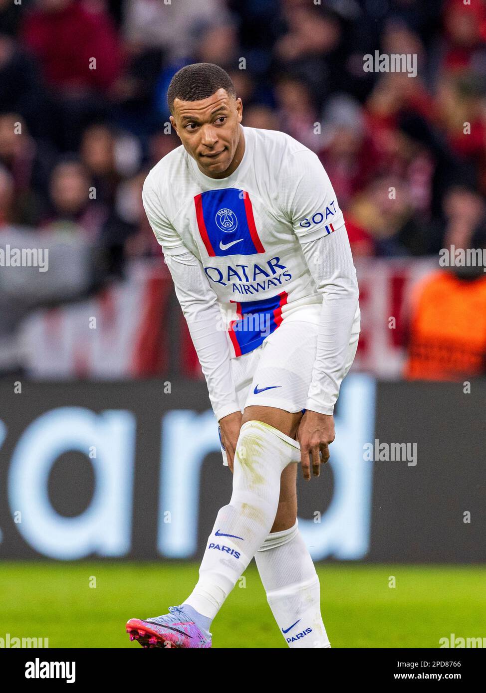 disappointment . Paris #7 Kylian MBAPPE. Soccer, Bayern - Paris. Soccer Champions League, FC Bayern Munich - Paris Saint Germain 2:0, round of 16, second leg, season 2022-2023, on March 8th in Munich, ALLIANZARENA, Germany. Stock Photo