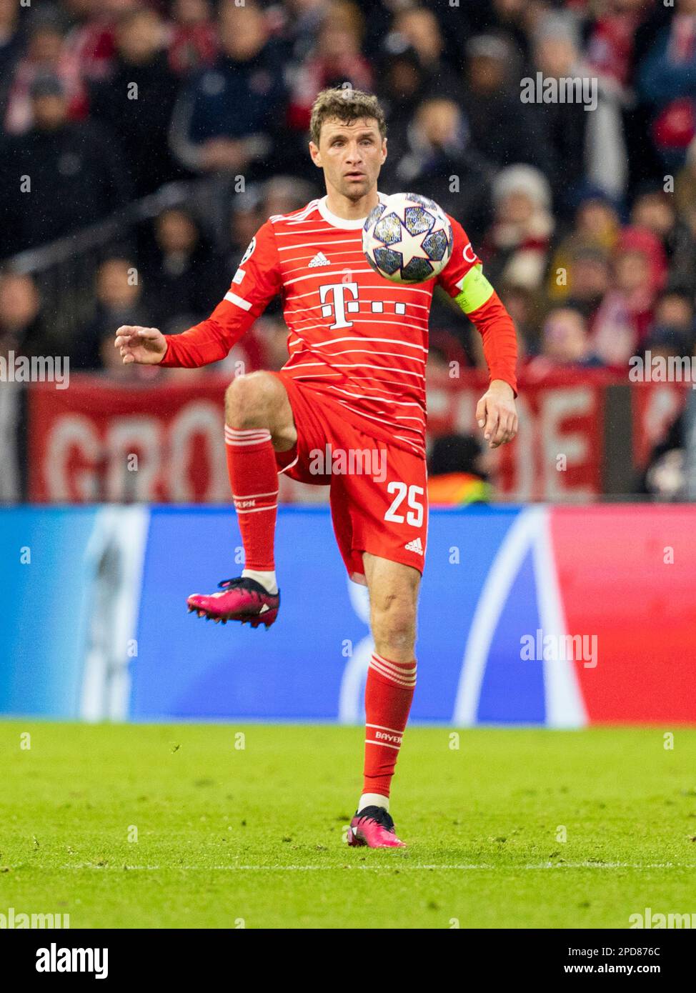 Bayern's #25 Thomas MUELLER (MULLER). Soccer, Bayern - Paris. Soccer Champions League, FC Bayern Munich - Paris Saint Germain 2:0, round of 16, second leg, season 2022-2023, on March 8th in Munich, ALLIANZARENA, Germany. Stock Photo