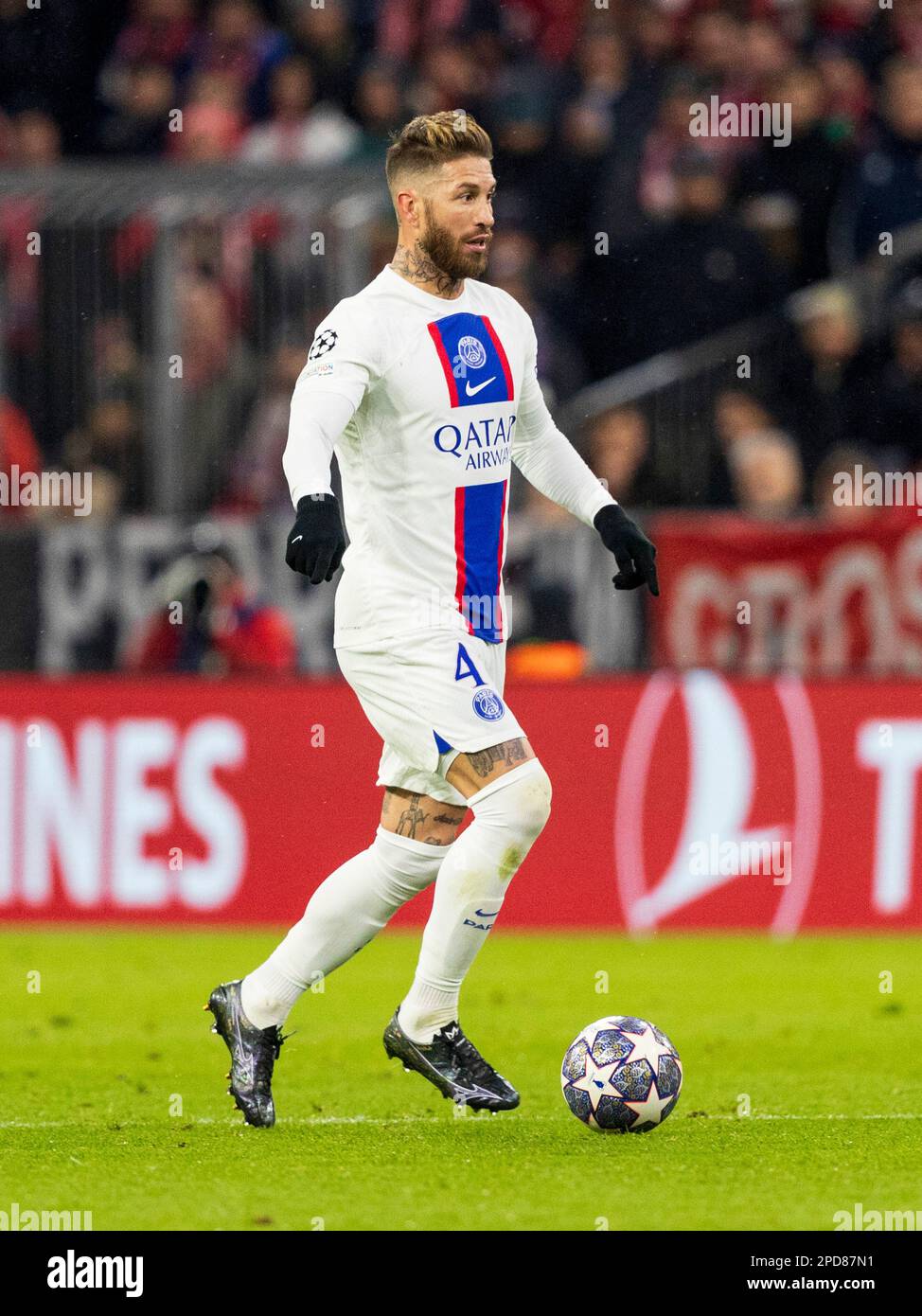 Paris #4 Sergio RAMOS. Soccer, Bayern - Paris. Soccer Champions League, FC Bayern Munich - Paris Saint Germain 2:0, round of 16, second leg, season 2022-2023, on March 8th in Munich, ALLIANZARENA, Germany. Stock Photo