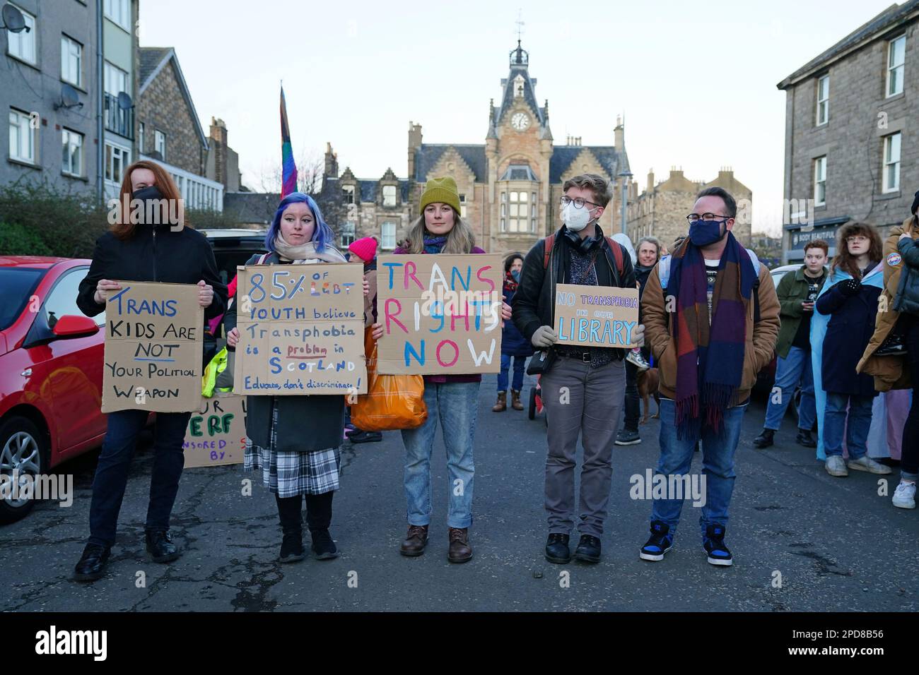 Trans rights activists take part in a demonstration outside Portobello Library, Edinburgh, where