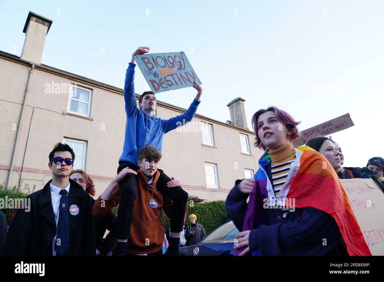 Trans rights activists take part in a demonstration outside Portobello Library, Edinburgh, where