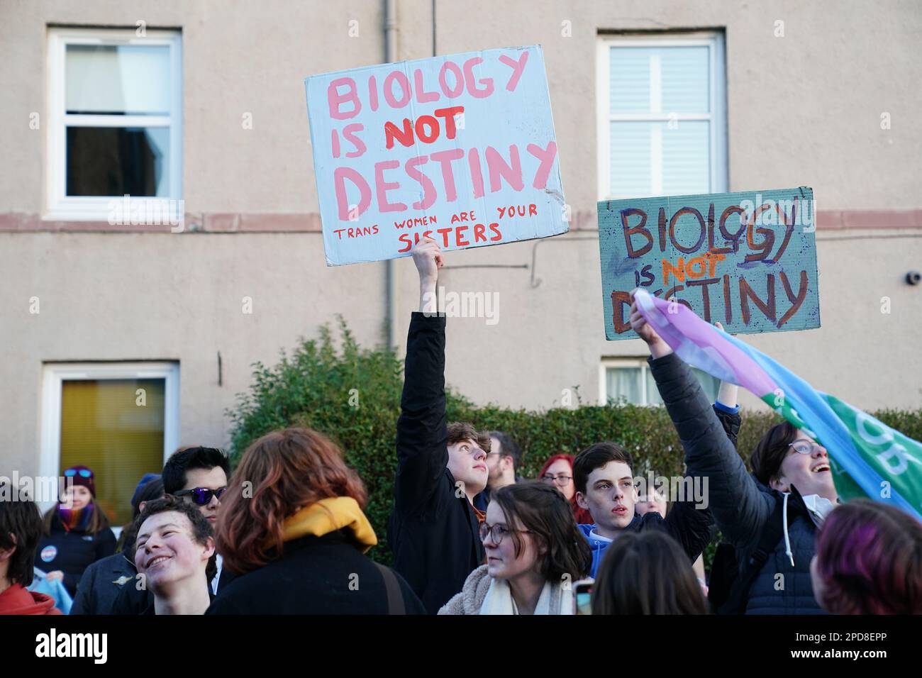 Trans rights activists take part in a demonstration outside Portobello Library, Edinburgh, where