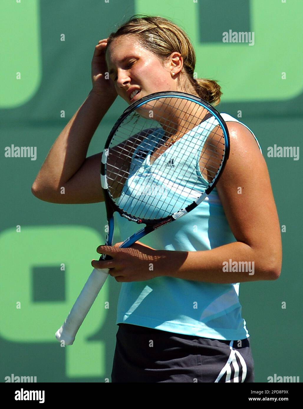 Sofia Arvidsson of Sweden reacts after losing a point to Meghann Shaughnessy of the United States during their match at the Nasdaq- 100 Open tennis tournament in Key Biscayne, Fla., Sunday, March 26, 2006.(AP Photo/Steve Mitchell) Stock Photo