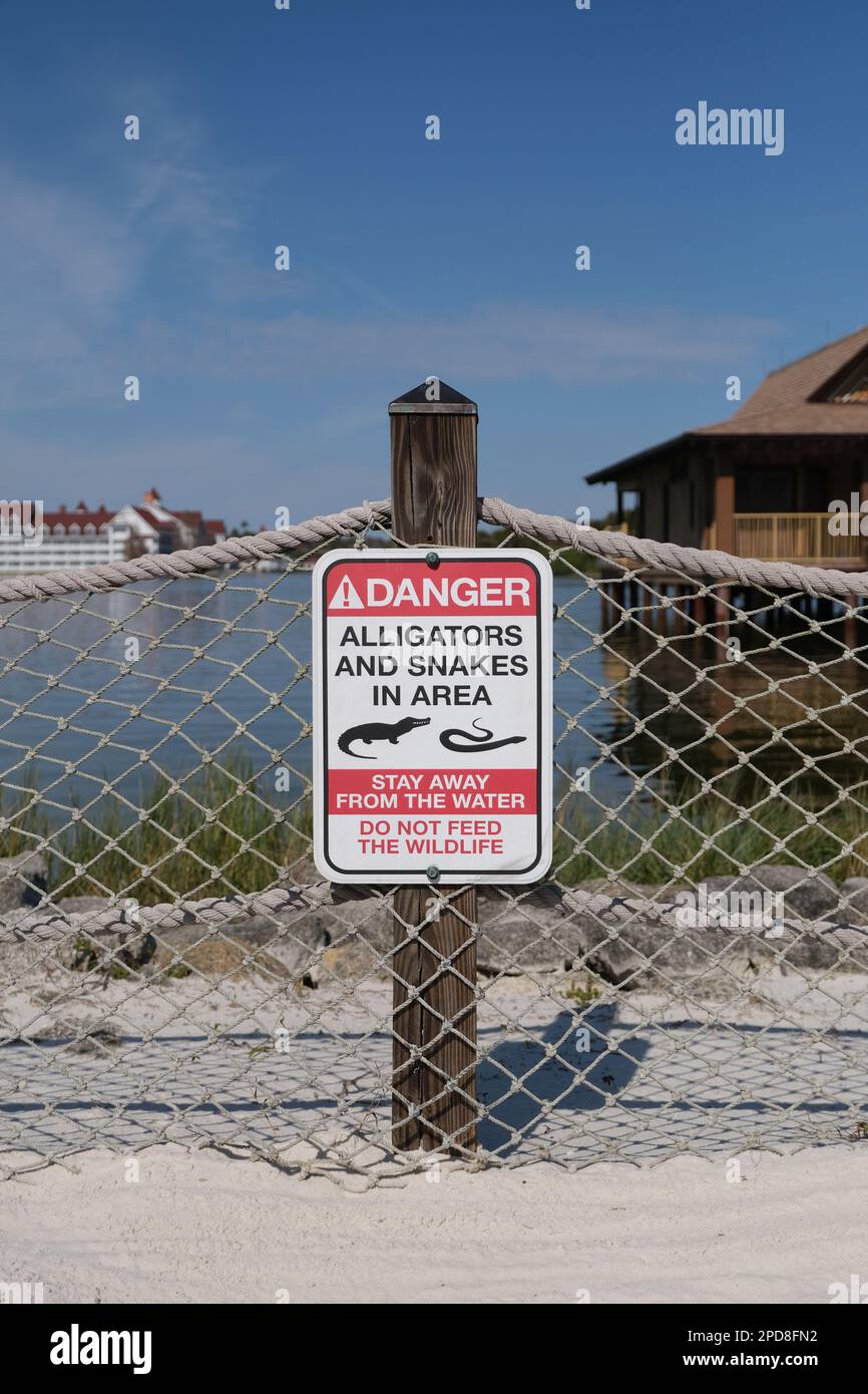 Danger sign for alligators and snakes in area, Florida USA Stock Photo
