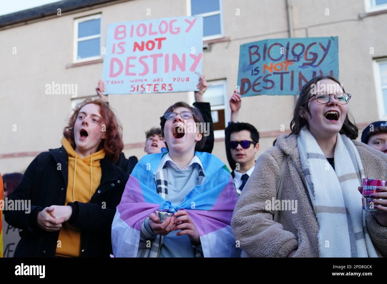 Trans rights activists take part in a demonstration outside Portobello Library, Edinburgh, where