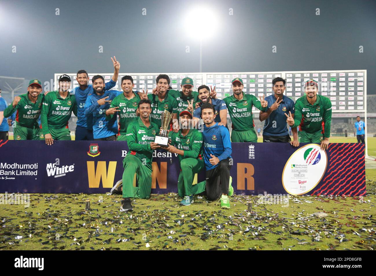 Bangladesh T20I Team players and officials celebrates the series victory over Englland by 3-0 at the sher-e-Bangla National Cricket Stadium in Mirpur, Stock Photo