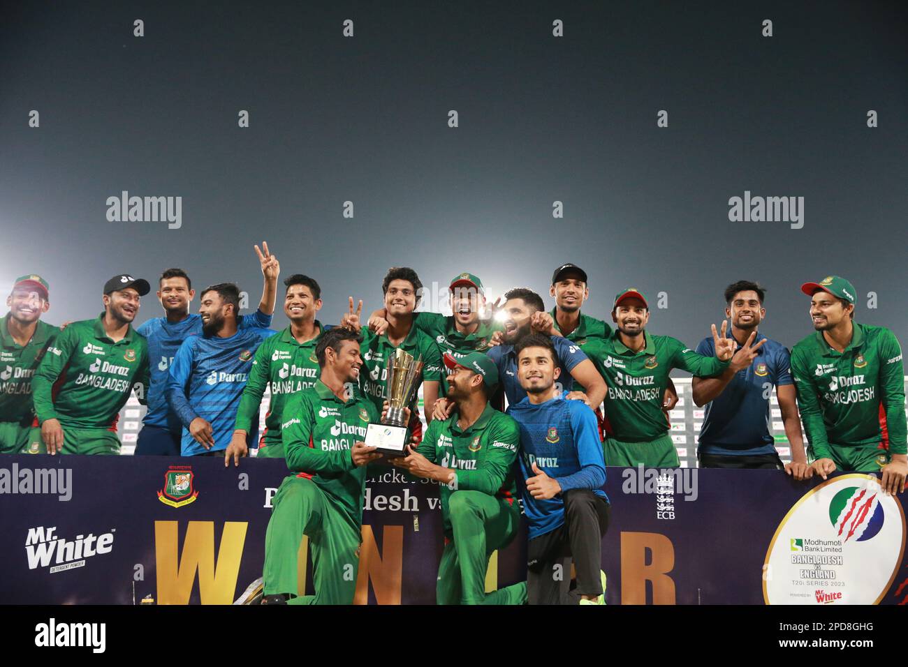 Bangladesh T20I Team players and officials celebrates the series victory over Englland by 3-0 at the sher-e-Bangla National Cricket Stadium in Mirpur, Stock Photo