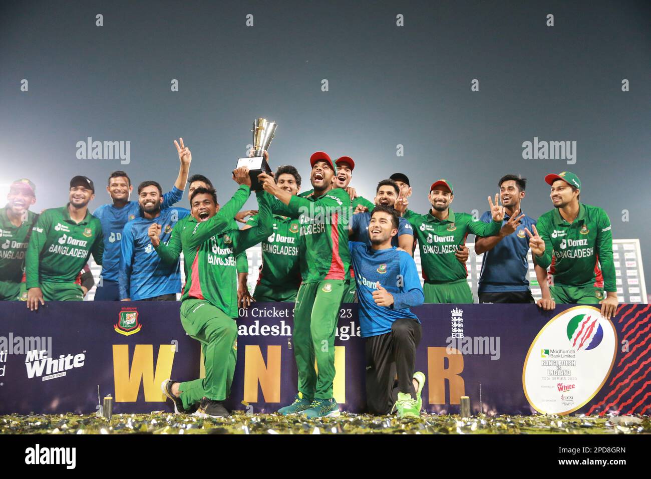 Bangladesh T20I Team players and officials celebrates the series victory over Englland by 3-0 at the sher-e-Bangla National Cricket Stadium in Mirpur, Stock Photo