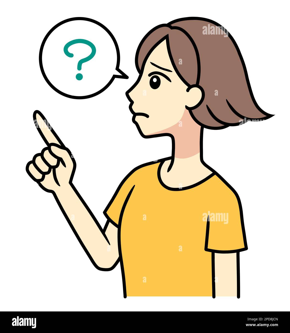 A young woman pointing upward with a question mark Stock Photo