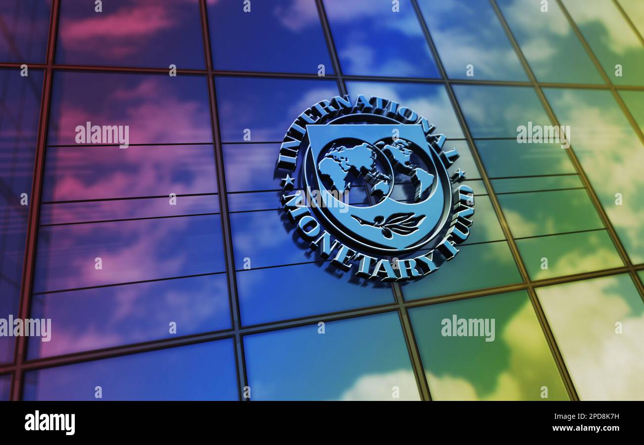 Washington, D.C., USA, March 10, 2023: International Monetary Fund headquarters glass building concept. IMF United Nations financial agency symbol on Stock Photo