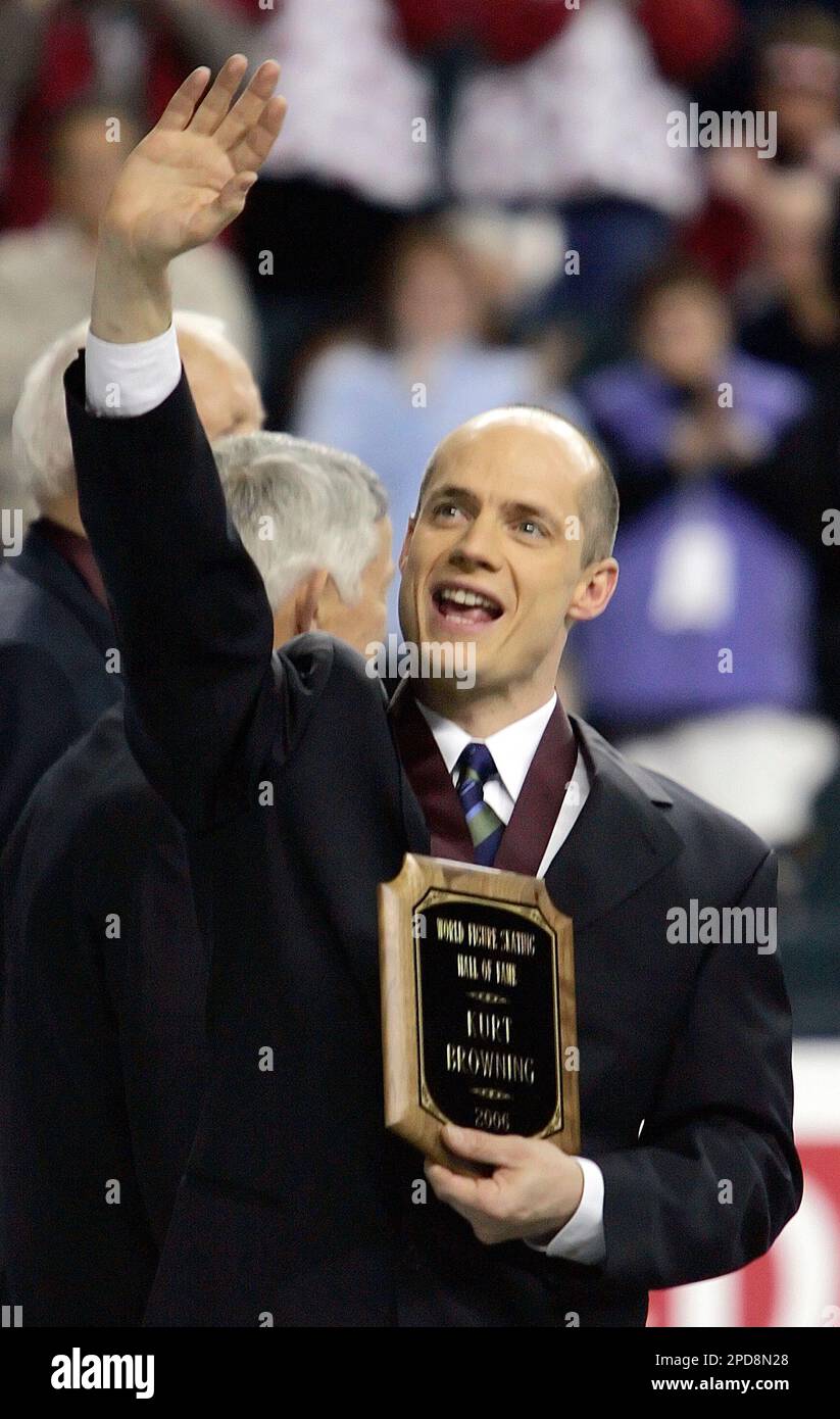 Former Olympic gold medalist Kurt Browning waves to fans after being