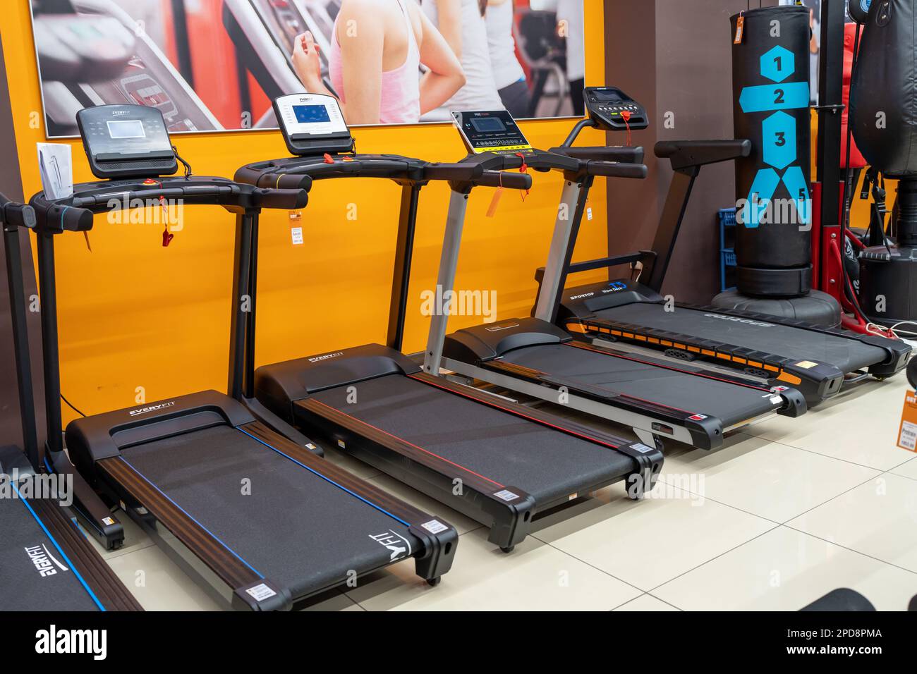 Treadmills for sale in a sporting goods store. Minsk, Belarus, 2023