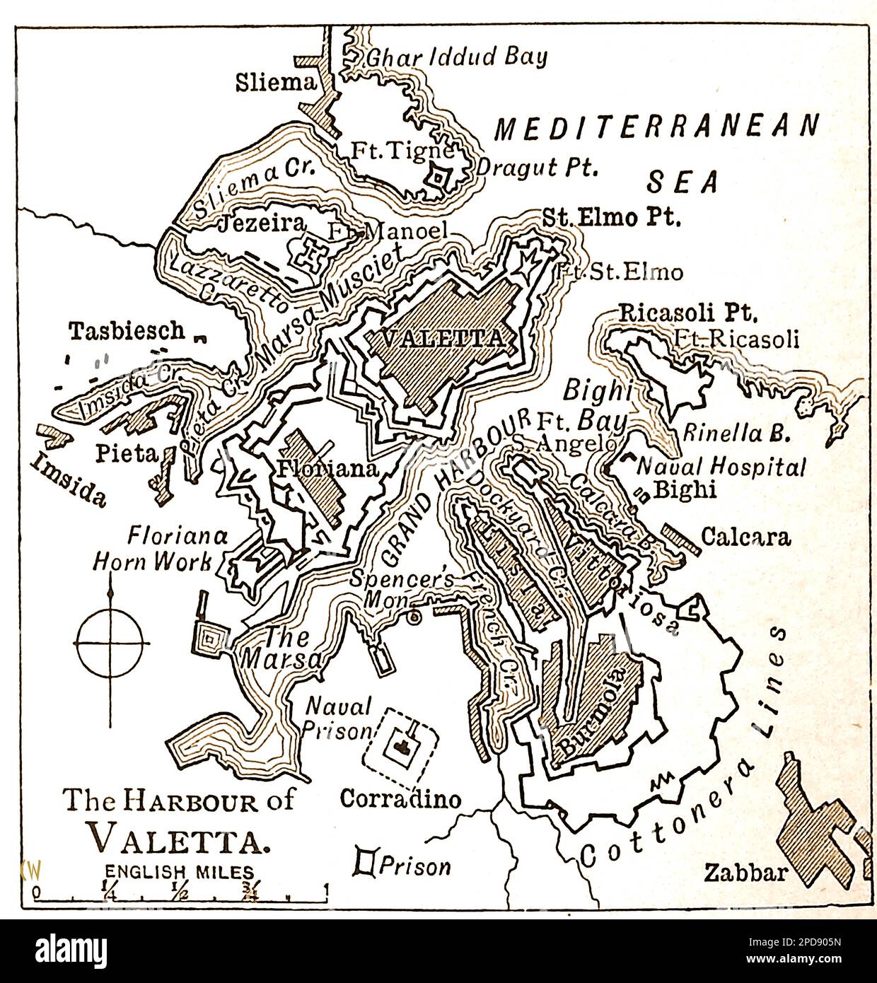 A 19th century map of Valetta  (Malta) Harbour and environs.  --- Mappa tas-seklu 19 tal-Port ta' Valetta (Malta) u l-environs.  --- Stock Photo
