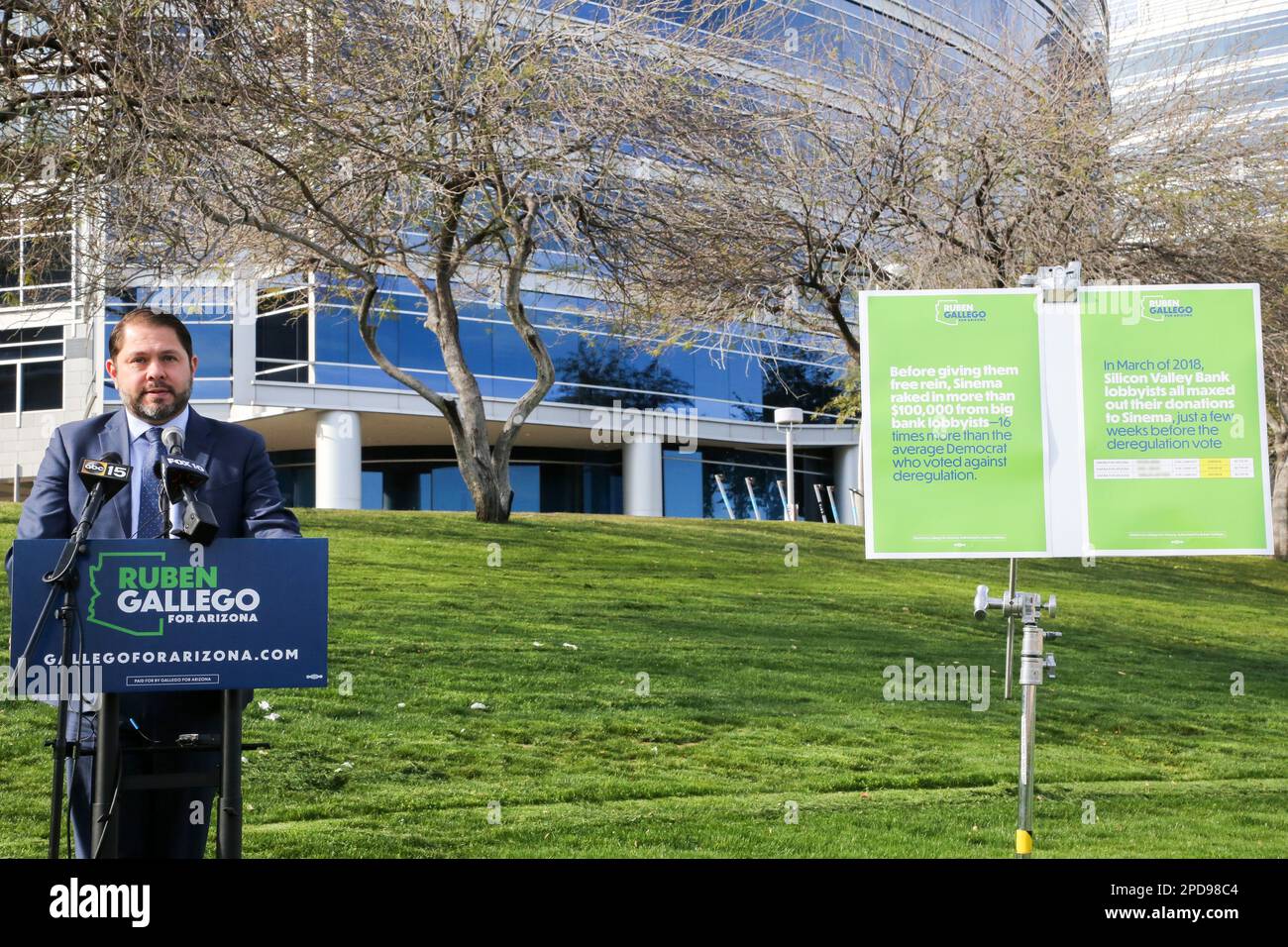 Arizona Senate candidate Ruben Gallego holds a press conference outside