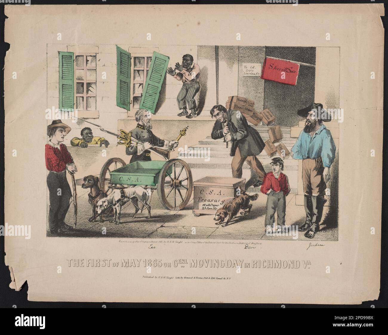 The first of May 1865 or general moving day in Richmond, Virginia / Kimmel.. Gift; John Davis Batchelder; (DLC/PP-1963:R01), Title from item, Entered according to Act of Congress in the year 1865 by H. & W. Voight in the Clerks Office of the District Court for the Southern District of New York. Published by H. & W. Voight. Lith. by Kimmel & Forster, 254 & 256 Canal St. N.Y, Accession box no. DLC/PP-1963:R1. Lee, Robert E, (Robert Edward), 1807-1870, Davis, Jefferson, 1808-1889, Jackson, Stonewall, 1824-1863, African Americans, 1860-1870, United States, History, Civil War, 1861-1865, Peace, Con Stock Photo