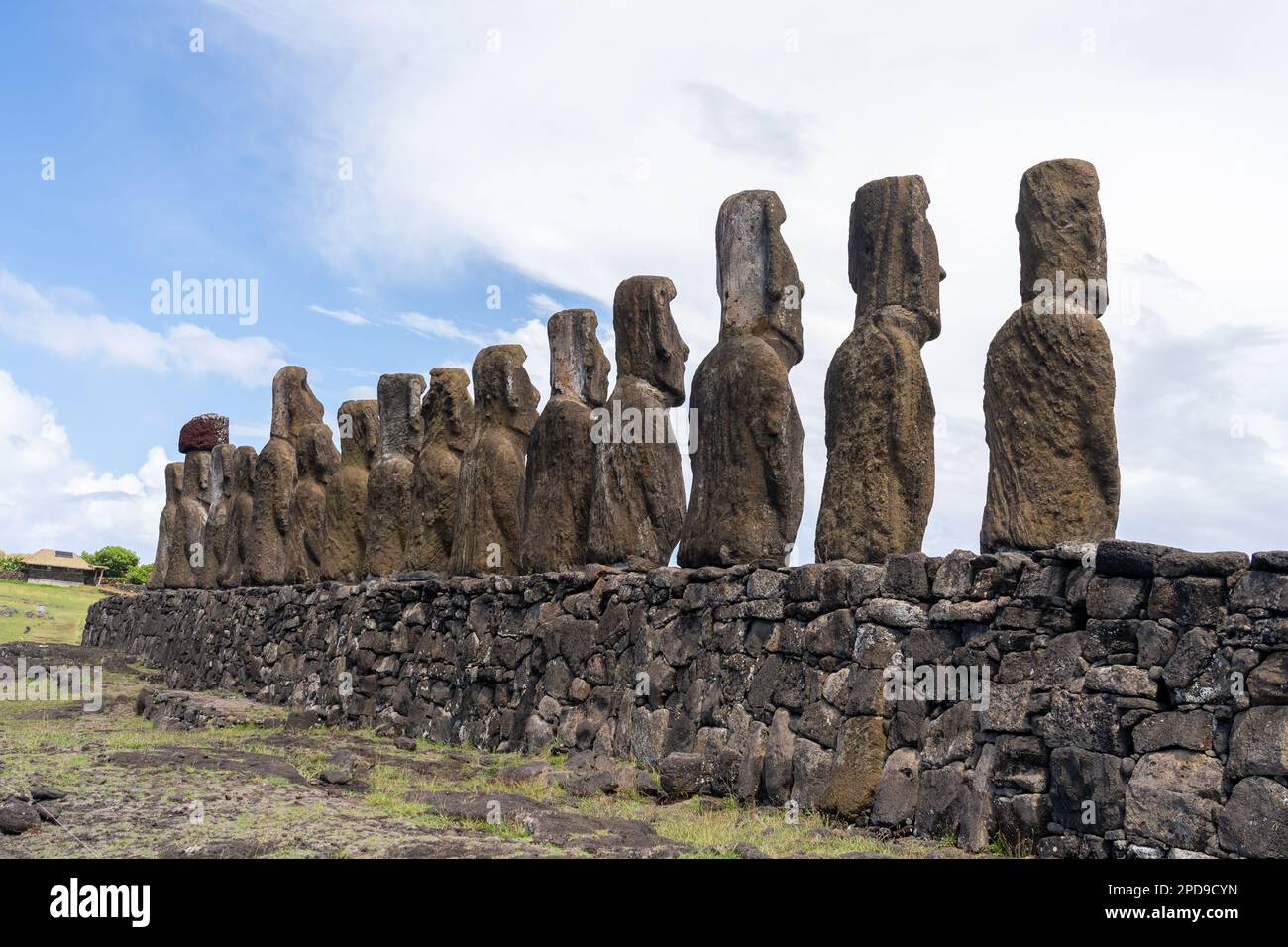 Back view of moai statues facing inland at Ahu Tongariki on Easter