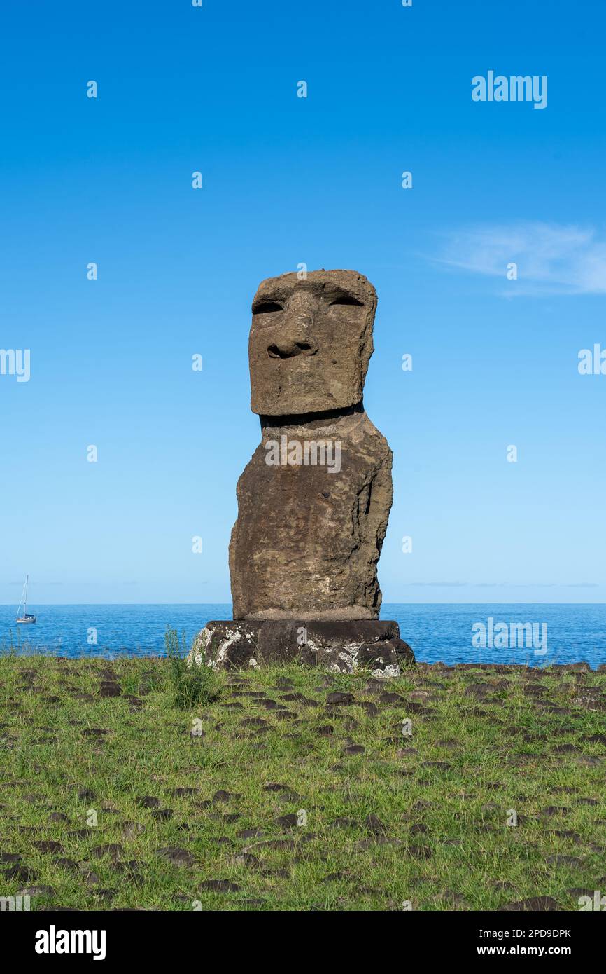 The moai on the Ahu Akapu is shown at Hanga Kio’e, along the coastline, north of Hanga Roa in Easter Island (Rapa Nui), Chile. Stock Photo