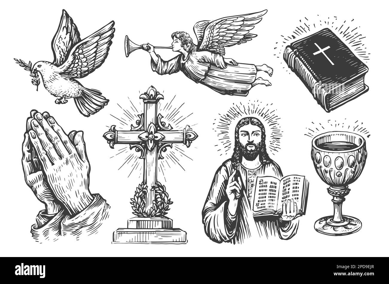 Holy Bible, hands folded in prayer, angel sketch. Religion symbols set