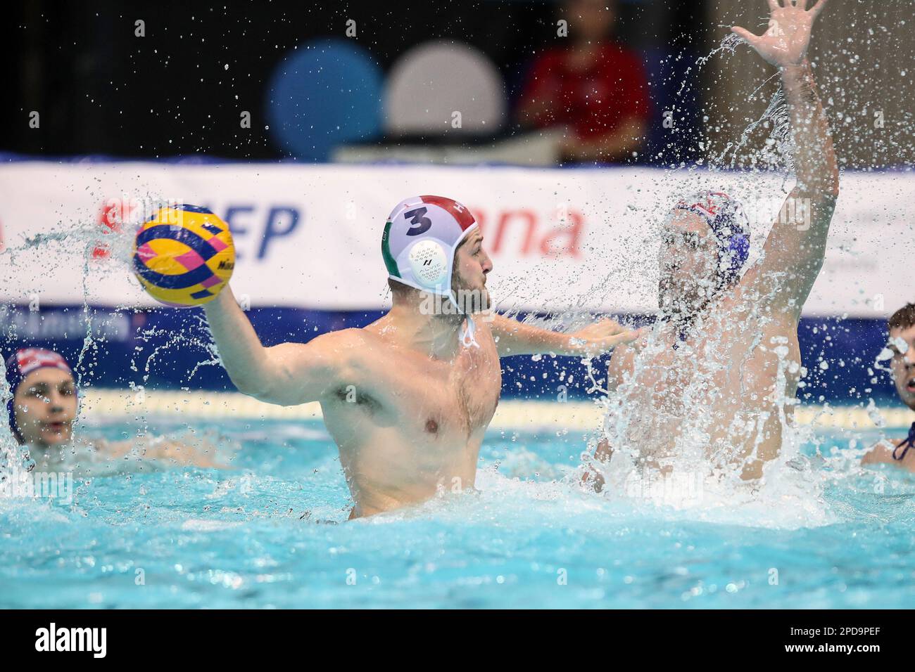 ZAGREB, CROATIA - MARCH 14: Krisztian Manhercz of Hungary in action against Ivan Krapic of Croatia during the Men's Water Polo World Cup match between Hungary and Croatia on March 14, 2023 at Mladost Sports Park Pool in Zagreb, Croatia. Photo: Matija Habljak/PIXSELL Stock Photo