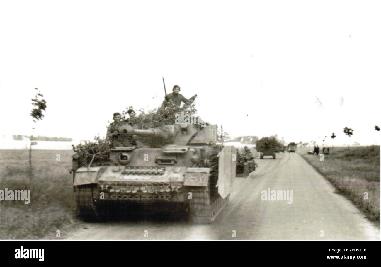 World War Two B&W photo German Panzer lV tanks advance towards the Normandy Front in France 1944.  SS Panzer Tanks on the Western Front Stock Photo