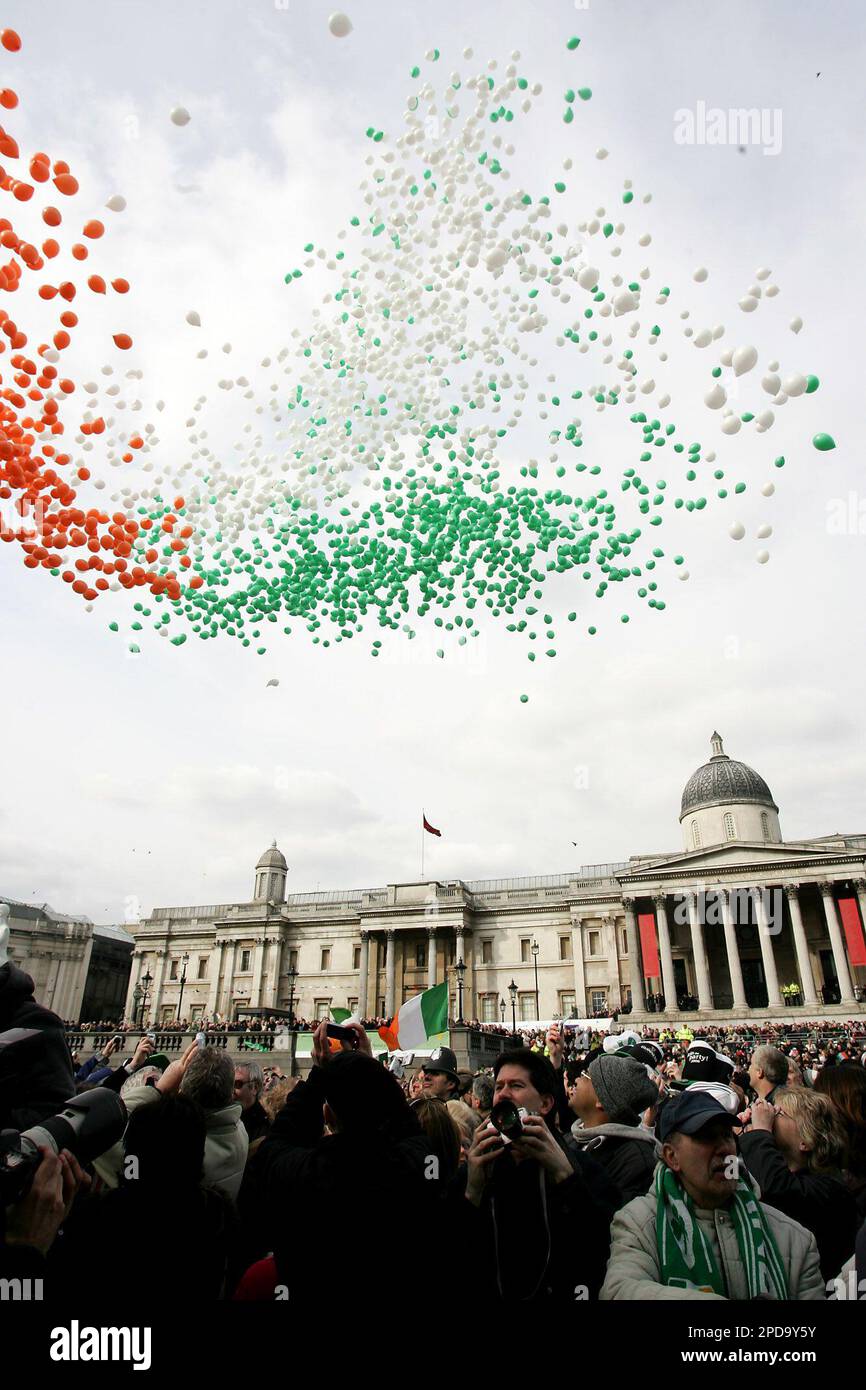 Ballons in the colours of Ireland's tricolour are released to fly