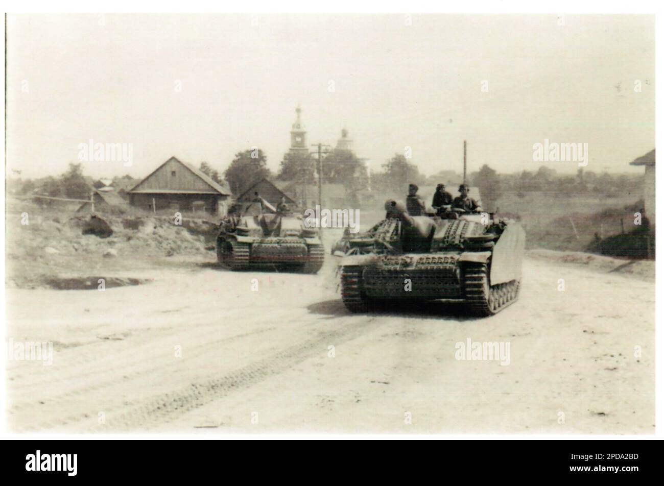 World War Two B&W photo German Sturmgeschuetz (Assault Guns) on the Eastern Front  1944 Stock Photo