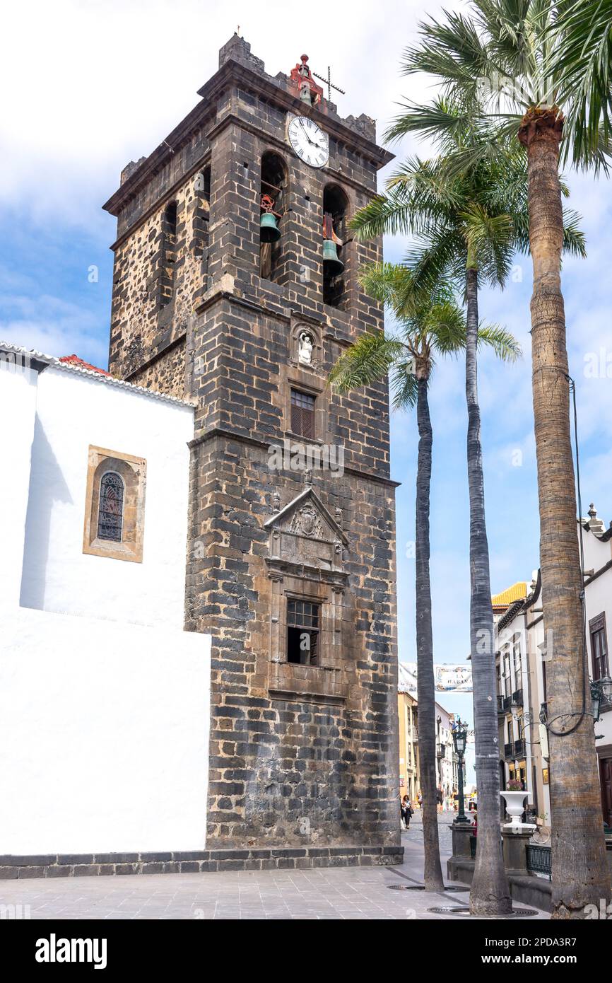 Bell tower of Parroquia Matriz de El Salvador Church, Plaza de España, Santa Cruz de La Palma, La Palma, Canary Islands, Kingdom of Spain Stock Photo