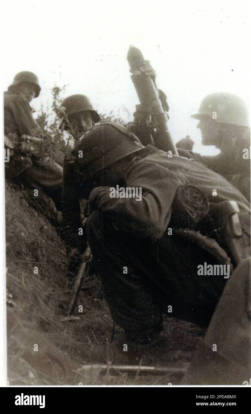 World War Two B&W photo German Army Mortar Crew prepare to fire their weapon during  Operation  Barbarossa (Invasion of Russia) 1941 Stock Photo